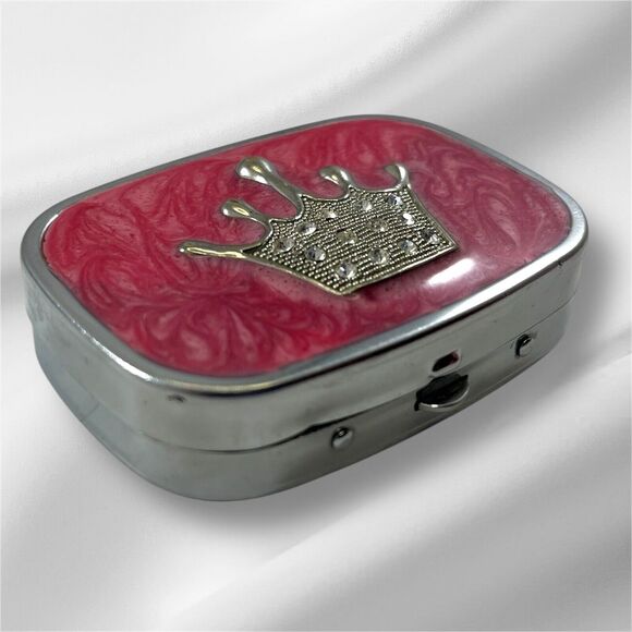 Jeweled Crown Pillbox, Compact With Mirror, Pink, Push Button Opening - Picture 6 of 8